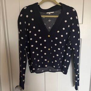 Tularosa Navy Polka Dot V-Neck Cardigan with Gold Buttons